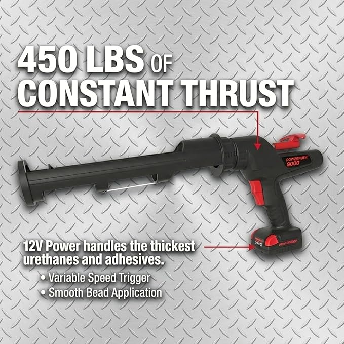 Heavy Duty Caulking Gun | 12V Cordless Drive | 29oz Cartridges 856ml 1 Quart | 450lbs Thrust | No Drip Professional Calking for Painters, DIYers, Automotive, Contractors