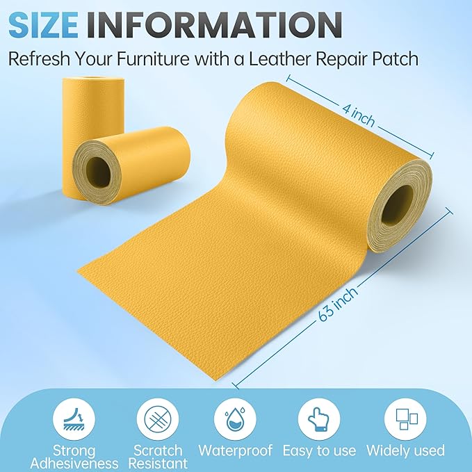 Leather Repair Patch Tape Kit, 4" x 63" Self Adhesive Leather Repair Patch for Furniture, Vinyl Leather Repair Kit for Car Seat, Chairs, Couch, Sofa, Boat Yellow