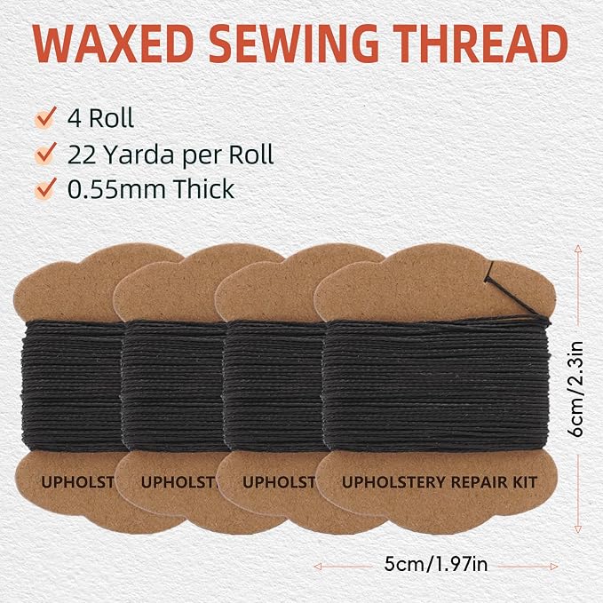 Upholstery Repair Kit: Extra Strong Waxed Sewing Thread 4 Rolls (Black Color) &Heavy Duty Household Hand Needles (7 PCS) for Leather, Canvas, Bookbinding & Quilting Thread