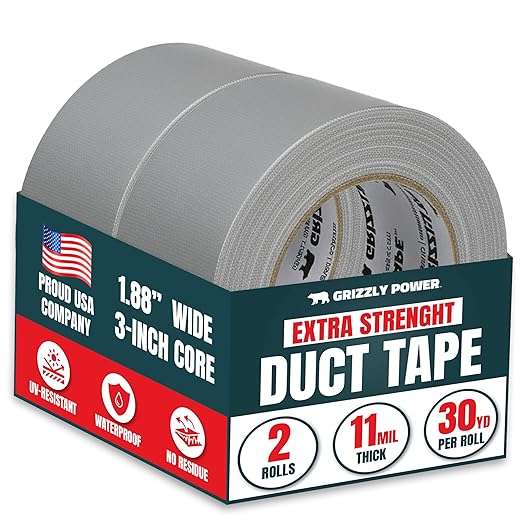Grizzly Power Silver Duct Tape Heavy Duty (2 Pack) | Versatile Packing Tape 1.88 Inch x 30 Yards | Waterproof Tape Roll for Home Improvement, Office Use, Wrapping, Sealing, Crafting & General Repairs