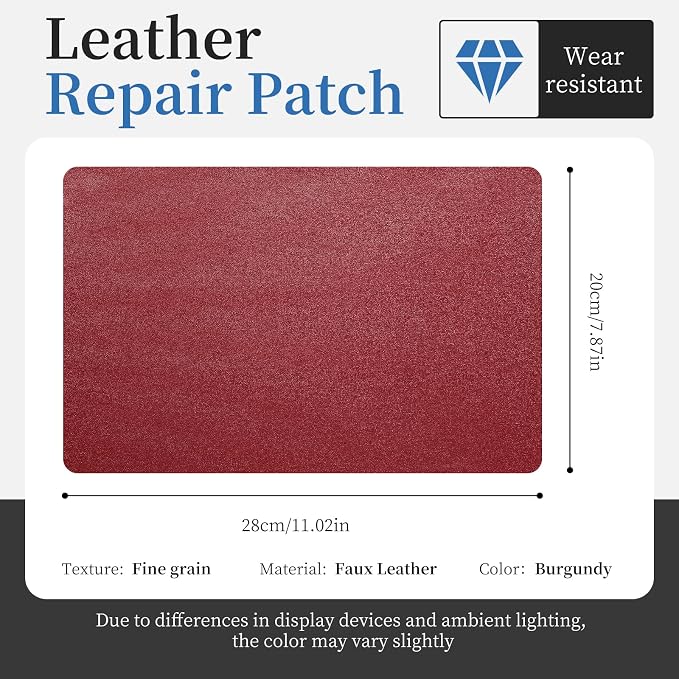Fadoub Leather Repair Patch Tape Self-Adhesive, 8x11In Heavy Duty Vinyl Patch, Leather Repair Kit for Furniture, Sofa, Couch, Office Chair, Car Seat, Car Interior(Wine Red-Fine Grain)