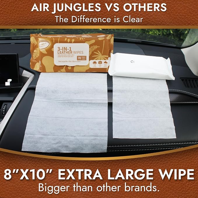 Air Jungles 3in1 Leather Cleaner Wipes 140 Count, Extra Large 8" x 10" Size | Clean, Condition, Protect Wipes For Vinyl & Leather Apparel, Furniture, Auto Car Interior, Shoes, Boots, Bags