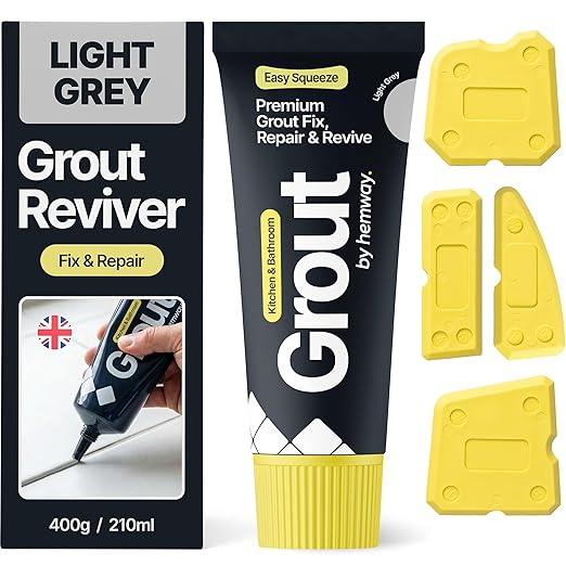 Hemway Light Grey Grout Reviver Kit | Ready Mixed Grout Repair 400g / 210ml with 4 Piece Profiling Tool Kit | Wall & Floor Tile Adhesive, Kitchen Bathroom Shower, Fast Drying