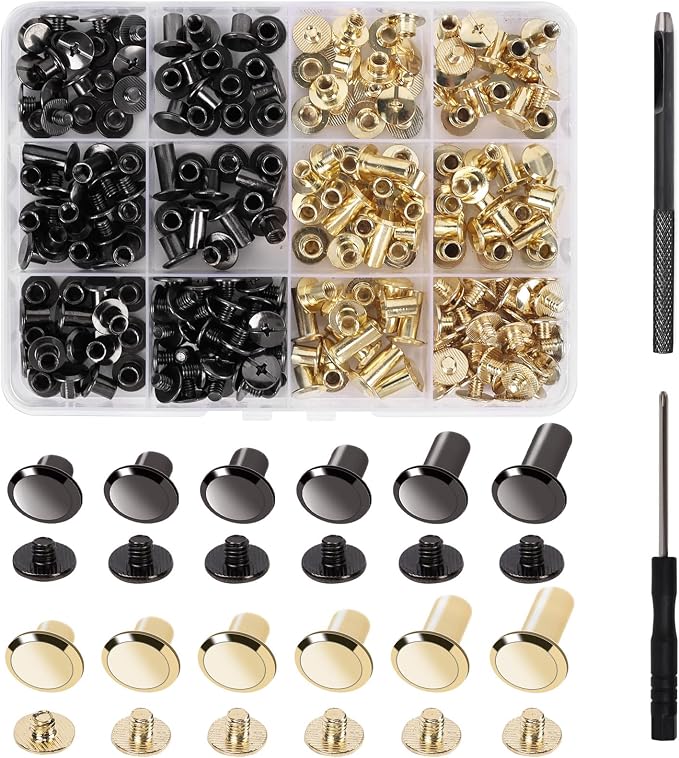 Leather Rivets, AIIQESBT 110 Pcs Chicago Screws with 2 Pcs Tool Set, Chicago Screw Rivets Assorted Kit for Decorate & Repair Leather Crafting, Bookbinding, Custom-Made Items (Gunmetal Black & Gold)