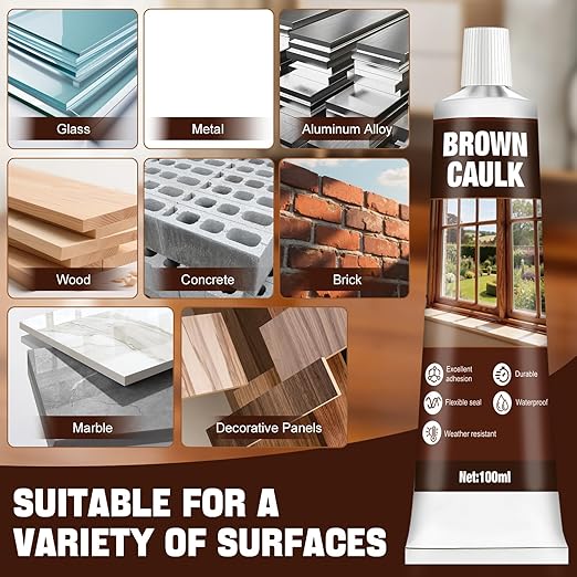 Brown Silicone Caulk, Brown Caulking for Wood Waterproof Durable Strong Elastic Excellent Sealing Ability for Doors Windows Walls Furniture, 100ml