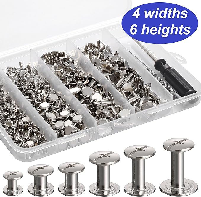 YORANYO 140 Sets Chicago Screws Leather Rivets Kit for Fabric Leather Crafting 6 Sizes Chicago Binding Screws for Decorate and Repair Belt Bag Shoes Purse Pet Collar Clothing Bookbinding (Silver)