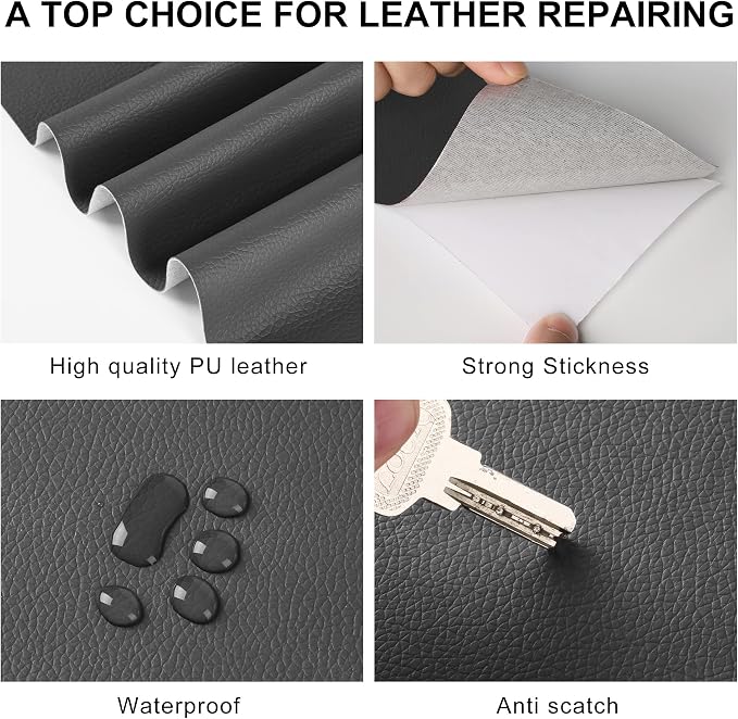 YAFLC Leather Repair Patch for Furniture, 4" x 63" Self Adhesive Leather Repair Kit Vinyl Repair Tape for Car Seat Sofa Jackets Couches Chair Dark Grey