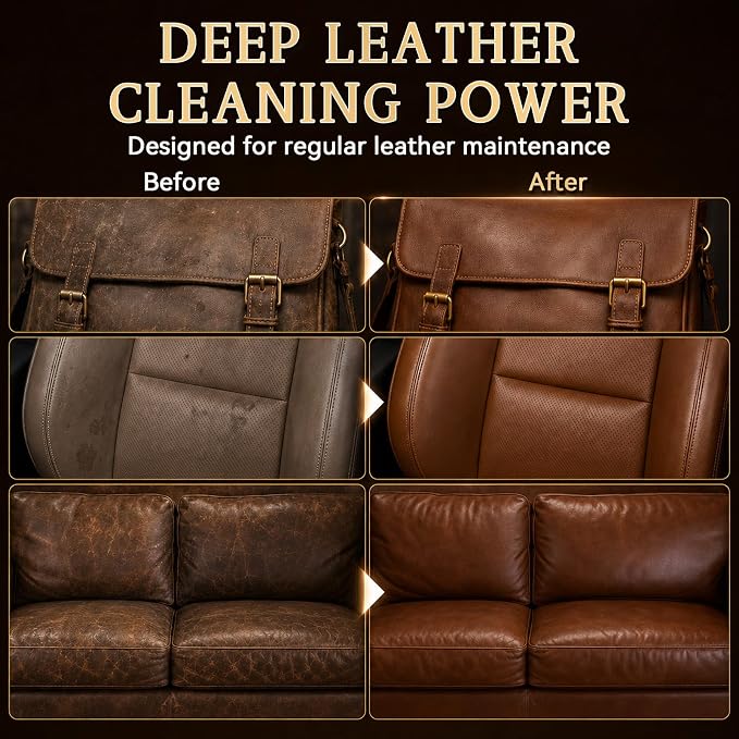 Leather Cleaner and Conditioner, Leather Cleaning Kit, Leather Conditioner, Cleans Stains, Restores Softness and Shine, Protects Cracking, for Car Seats, Sofa, Bags, 2 Bottles (4 oz Each)