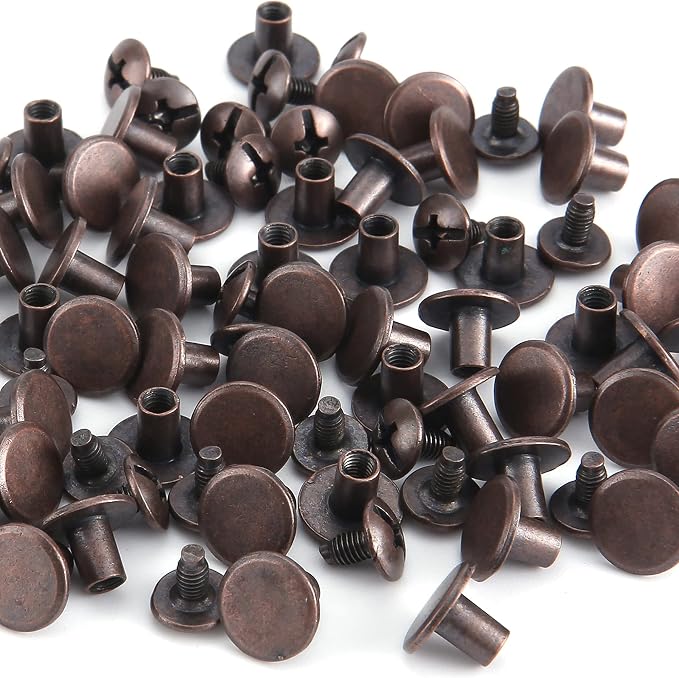 YORANYO 100 Sets Antique Copper Round Flat Head Chicago Screws for Leather Chicago Rivets Kit Button Studs Leather Rivets Chicago Screw for Leather Crafting Clothing Shoes Belts Bags 25/64 Inch