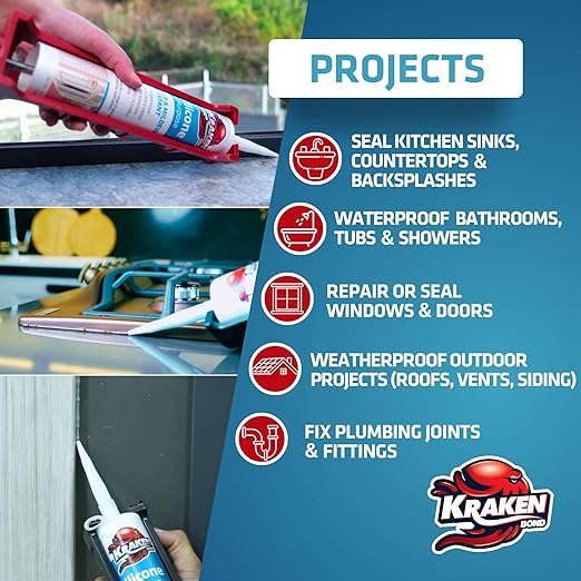 Kraken Bond Clear Silicone Sealant Waterproof% 100-10 fl oz Cartridge - RTV Silicone Caulk Kitchen and Bathroom, All Purpose, Window Caulking Sealant Outdoor, RV, Exterior Use Silicon - 1 Pack
