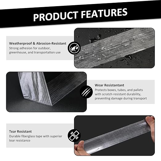 5 Pack Transparent Reinforced Fiberglass Tape – 2 Inch x 30 Yards, 5.5 Mil Filament Strapping Tape, Adhesive Heavy Duty