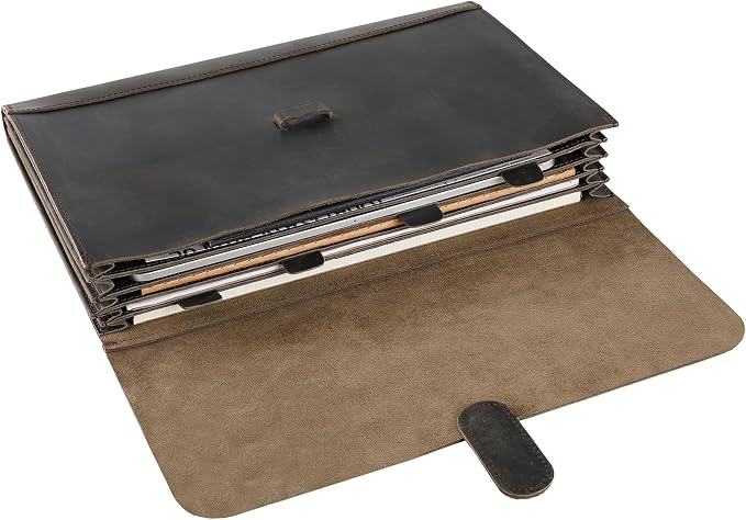 Genuine Leather File Folder, Accordian File Organizer, Leather Document Holder Resume Folio for Men & Women - Grey