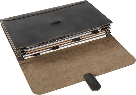 Genuine Leather File Folder, Accordian File Organizer, Leather Document Holder Resume Folio for Men & Women - Grey