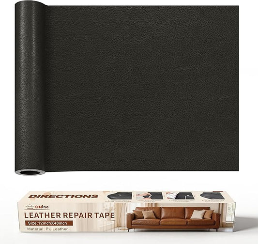 ONine Leather Repair Patch，Leather Repair Tape, 12 x 48 inches Leather Repair Patch for Furniture,Vinyl Repair Kit，Leather Couch Patch，for Sofas, Furniture, Car Seats, Office Chairs(Dark Grey Leather)