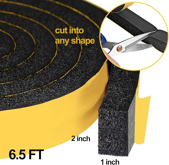 High Density Foam Tape Air Conditioner Window Seal, 2x1 Inch Thick Foam Stripe with Adhesive for Window AC Insulation, Weather Stripping for Doors and Windows Insulation, AC Foam Tape, Black