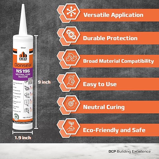 DCP Donseal NS196 Silicone Caulk Sealant 2 Pack – 100% Silicone Tube for Bathroom, Kitchen, Outdoor, Bathtub and Window Seal, 10.1 fl oz – Clear