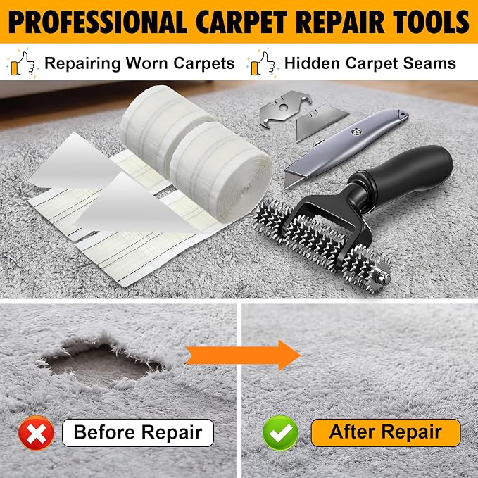 Dreyoo Upgraded Carpet Repair Kit with 5" Star Wheel Seam Roller, 4" x 60ft Carpet Seam Tape & Heavy Duty PVC Pipe Cutter, Heatless Carpets Patching Tools for DIY Home/Office Floor Maintenance