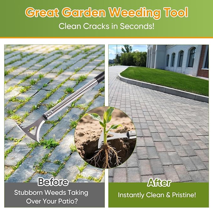 Crack Weeder, 3-in-1 Stainless Steel Weeding Tool with 60" Long Handle - Stand Up Weeder for Driveway, Sidewalk & Deck Crevices - No Bending, Tool-Free Assembly