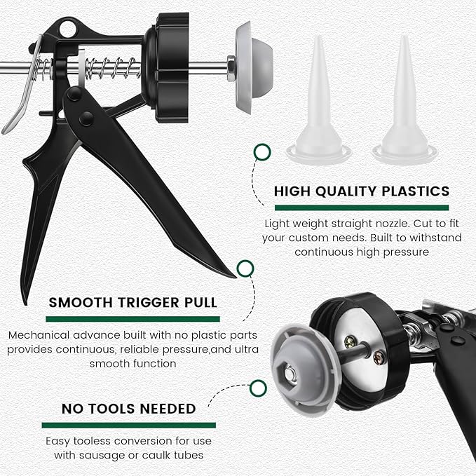 Lasnten 2 Pack Sausage Caulk Gun 20 oz Aluminum Cordless Sausage Caulking Gun with 4 Cone Nozzles, 18: 1 Thrust, Aluminum Sealant Hand Caulk Kit (Green)