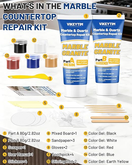 Tile, Marble and Granite Repair Kit (Color Match), 160g/5.64oz Quartz Countertop Repair Kit for Holes Dents Defects Chips Scratches Cracks, Fix Porcelain Stone Reattaches Corian Other Hard Surfaces