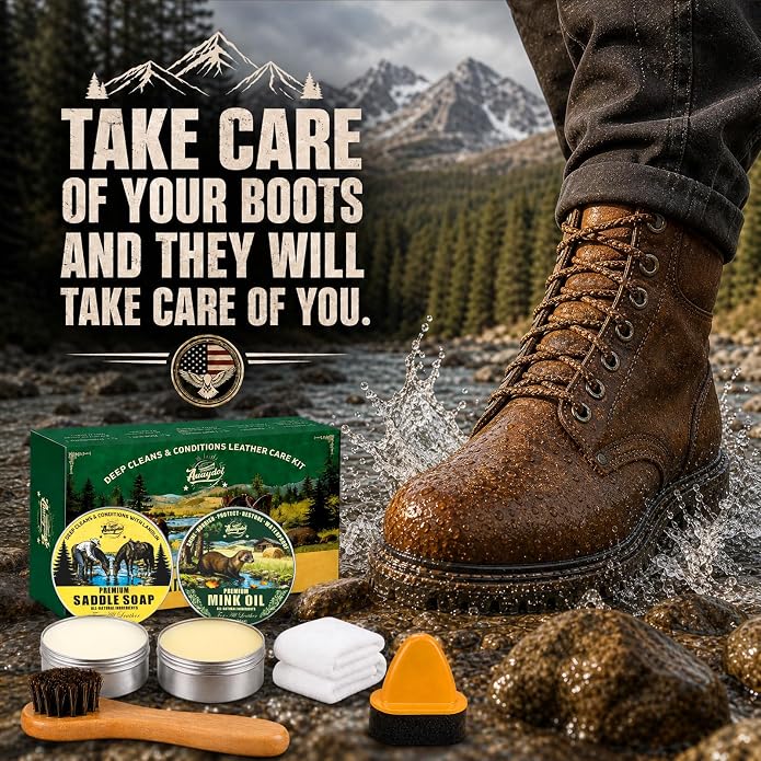 Leather Boot Care Kit,Mink Oil & Saddle Soap for Leather Cleaning,5-in-1 Leather Cleaner & Conditioner to Soften,Protect Leathercraft with Horsehair Brush & Cloth,Boot Cleaning Kit