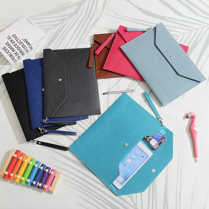 Wonderpool Envelope Case A4 PU Leather File Jacket Pocket Folder Document Case Bag with Removable Hand Strap and 4 Pocket for Documents Tablet Phone Stationery (Sky Blue)