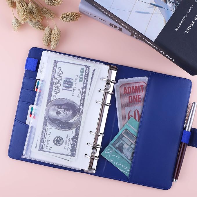 Antner A6 PU Leather Budget Binder - Refillable 6 Ring Notebook for A6 Refill Paper, Loose Leaf Personal Planner Cover With Magnetic Buckle Closure, Navy Blue
