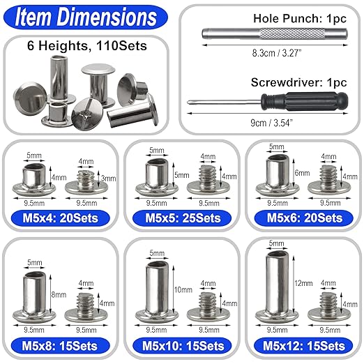 YORANYO 110Sets Chicago Screws Leather Rivets Assorted Screw Rivets Chicago Binding Screws for Decorate and Repair Leather Craft Belt Bag Shoes Purse Bookbinding (Silver, M5*4,5,6,8,10,12)
