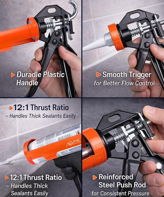 ADAK - Professional Caulking Gun, 12:1 Thrust Ratio, Caulking Gun No Drip, Hand Tool for Silicone & Sealant Application, Smooth Pressure Caulk Gun, Caulking Gun Tool