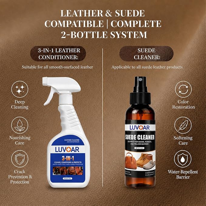 Leather Cleaner and Conditioner Kit - and More for Car Interiors, Apparel, Furniture, Boots & Accessories - with Microfiber Brush & Microfiber Cloth 2 Bottles (16 oz Each)