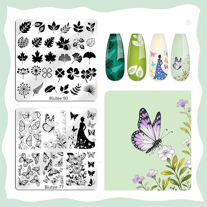 Biutee Nail Stamping Plate 15PCS Nail Stamper Kit Nail Art Stamping Plates Set with Nail Stamper, Scraper & Storage Bag, Nail Stamping Kit Star Bowknot Love Butterfly Leaf Design Template for Nail Art