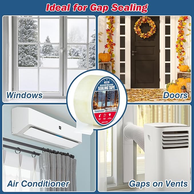 1Pack Window Weather Sealing Tape, 2in x 55y,Clear Window Insulation Tape for Doors Windows and Shower Glass Gaps,‎Waterproof,No Residue