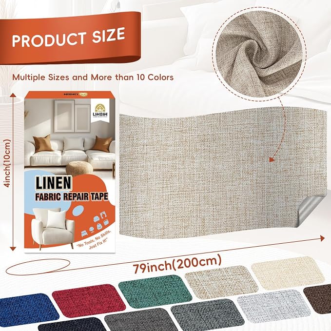 Linen Fabric Repair Tape 4x79 Inch, Self Adhesive Couch Patch Repair Fabric Tape for Furniture, Linen Patch Kit for Couch, Carpet, Upholstery, Chair, Sofa, Pillows, Bag (Coarse, Oatmeal)