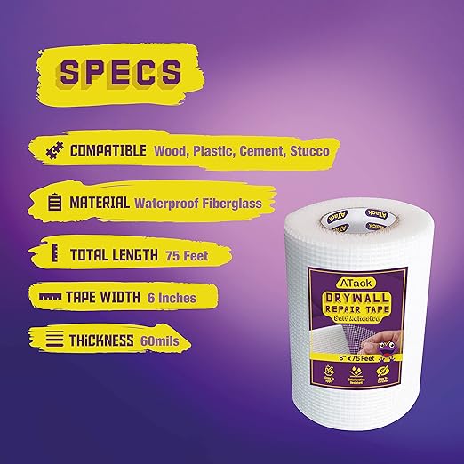ATack Fiberglass Drywall Repair Tape, 6-Inch by 75-Foot, Heavy-Duty Self-Adhesive Wall Crack and Seam Patch