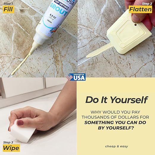 PentaUSA Cream Ivory Tile Grout Repair Kit - Premixed Sanded Grout for Bathroom Shower Kitchen Floor, Beige Collection, Water-Resistant Filler Tube with Applicator, Easy DIY Restore (8.8oz / 250g)