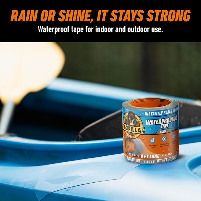 Gorilla Waterproof Patch & Seal Tape, Clear Tape, 4" x 8' (Pack of 2) - Permanent Weather Resistant Seal for Leaks and Repairs