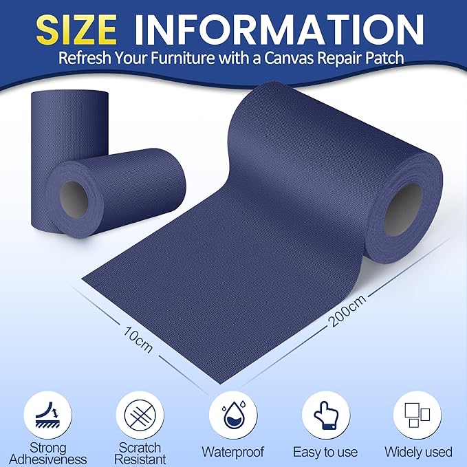Self-Adhesive Canvas Repair Tape, 4" x 80" Waterproof Canvas Repair Patch, Fabric Patch Repairs Kit for Furniture, Tents, Sunbrellas, Boat Covers Awnings, Couches, Clothes, Bags Darker Blue