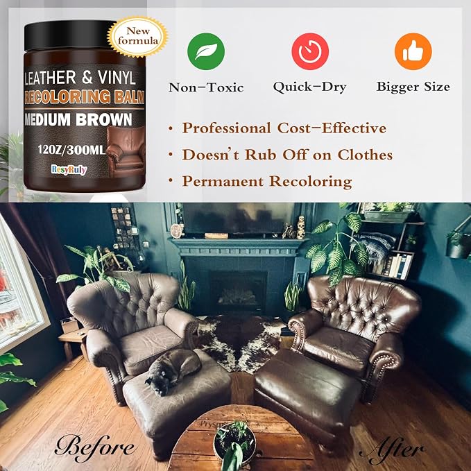 Leather Recoloring Balm Medium Brown Dye Vinyl Car Interior Boat Seat Paint Crafts Furniture Couch Recliner Chair Boot Jacket Shoe Bag Purse Belt Color Restorer Fading Stain Scratch Remover Repair