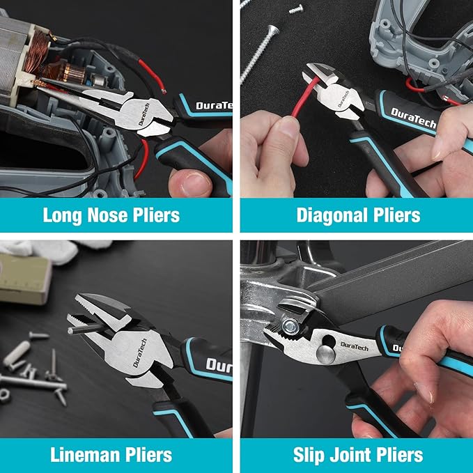 DURATECH 8-Piece Pliers Set with Rolling Pouch, Premium Cr-V/Cr-Ni Construction, (12", 10", 8" Groove Joint Pliers, 8" Adjustable Wrench, 8" Linesman, 6" Long Needle Nose, 6" Slip Joint, 6" Diagonal)