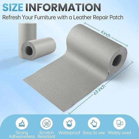 Leather Repair Patch Tape Kit, 4" x 63" Self Adhesive Leather Repair Patch for Furniture, Vinyl Leather Repair Kit for Car Seat, Chairs, Couch, Sofa, Boat Grey