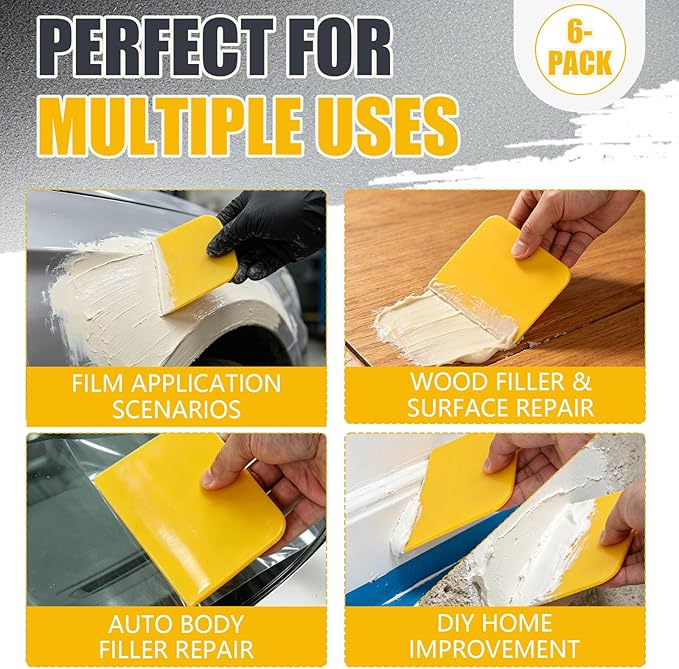 6PCS Flexible Plastic Body Filler Spreaders, Reusable Auto Body Repair Putty Scrapers, 4/5/6 Inch Curved Surface Applicator for Car Body Filler, Putty, Glaze, Caulk and Home Wall Repair