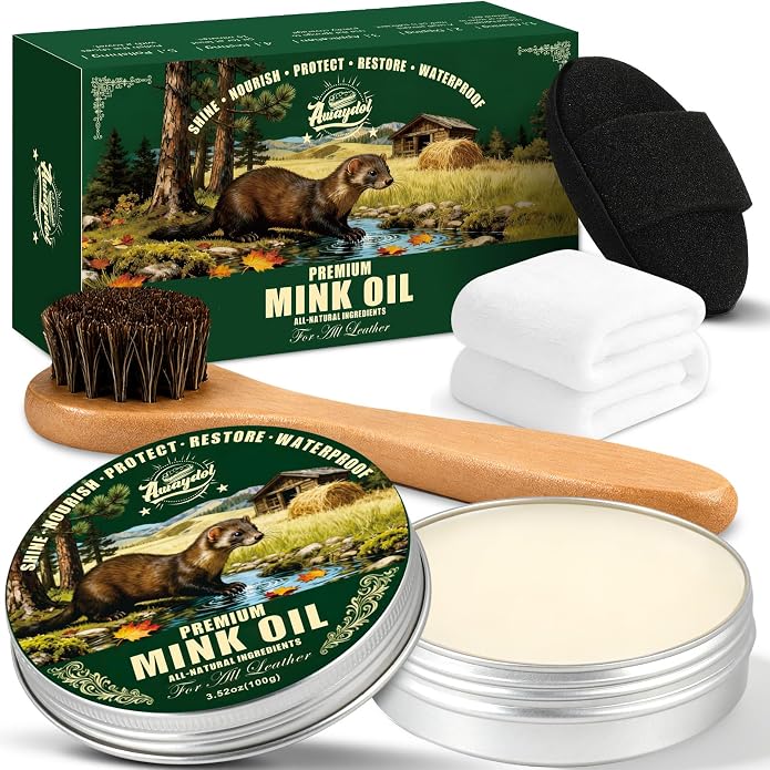 4-in-1 Mink Oil Leather Conditioner and Cleaner 3.52 oz - Premium Waterproof Formula for Leather Cowboy Boots,Shoes,Saddles & Bags with Horsehair Brush, Sponge & Microfiber Cloth