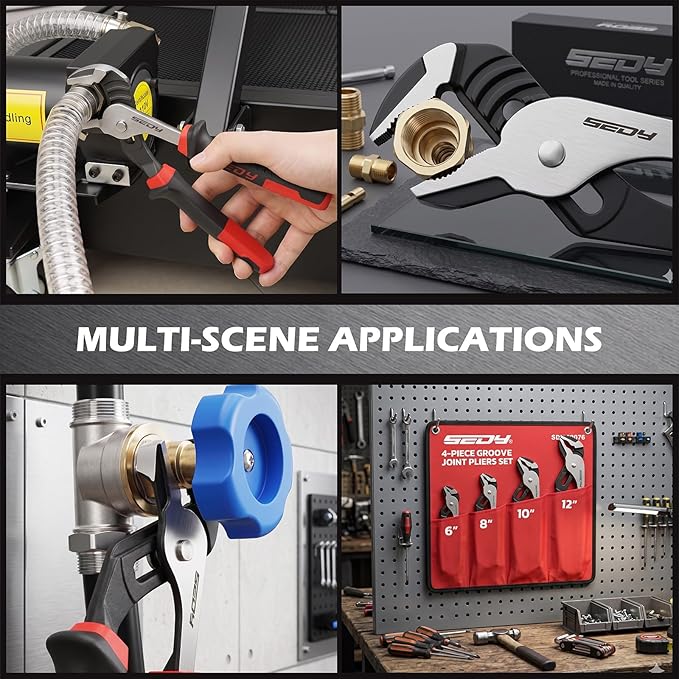 4-Piece Groove Joint Pliers Set, 12" 10" 8" 6" Adjustable Water Pump Pliers with Non-Slip Handles, Straight Jaw Tongue and Groove Pliers for Plumbing, Pipe Fittings, Nuts, Bolts and Home Repair