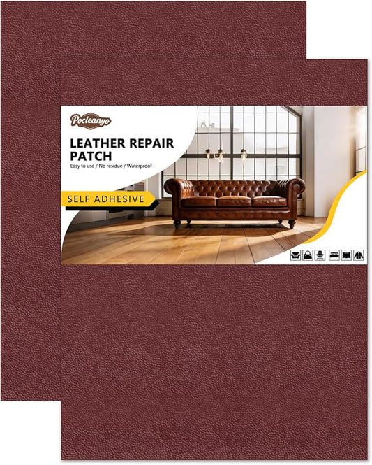 2 Pcs Burgundy Leather Repair Tape, 8x12 Inch Leather Repair Patch Self-Adhesive, Waterproof Faux Leather Patch, Vinyl Repair Tape for Couch, Sofas, Furniture, Office Chair, Car Seats