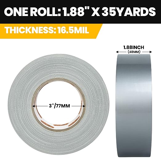 TAPEBEAR 16.5mil Thick Silver Duct Tape Heavy Duty 1.88" x 105FT, Strong Tough Utility Ducting Tape Waterproof, No Residue, Flexible, Hand Tear Binding Tape for Bundle, Patch, Protect & Repair