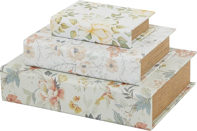 Deco 79 Canvas Decorative Box Faux Storage Book Book Shaped Boxes with Pink and Blue Floral Patterns, Set of 3 Decorative Keepsake Boxes 12", 9", 6"H, White