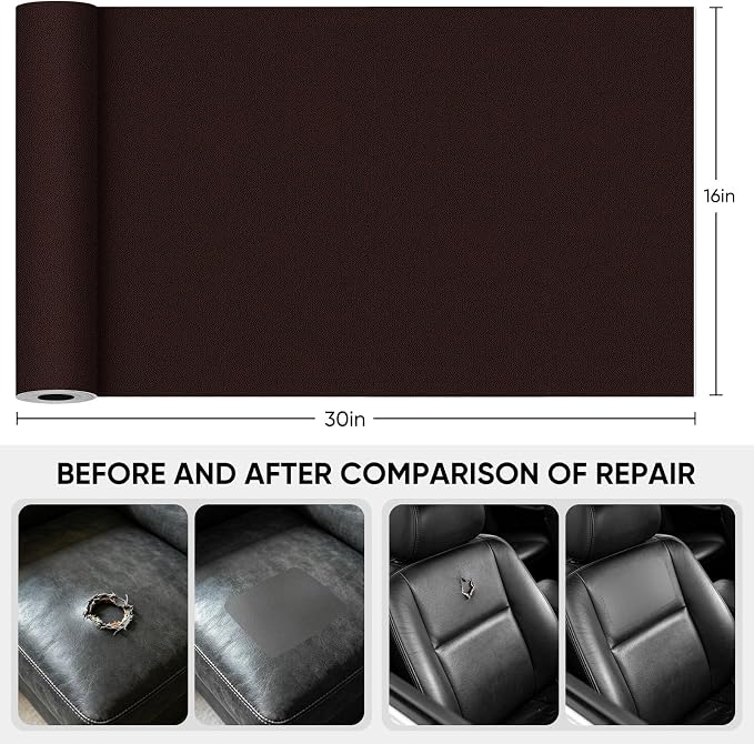 Leather Repair Tape,16 x 30 Inches Self Adhesive Leather Repair Patch，Leather Repair Kit for Furniture，Couches,Car Seats,Cabinets,Handbags(Dark Brown)