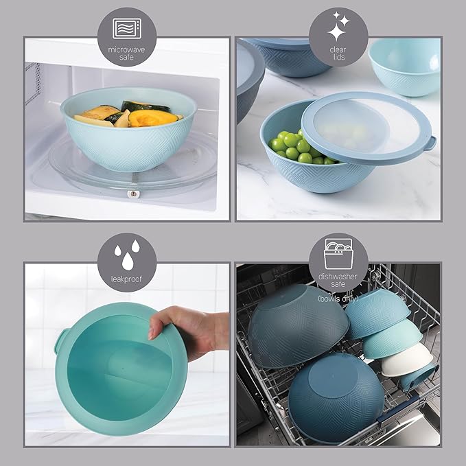 COOK WITH COLOR Mixing Bowls with Lids - 12 Piece Plastic Nesting Bowls Set includes 6 Prep Bowls and 6 Lids, Microwave Safe Mixing Bowl Set, Blue Rhombus