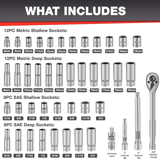 EACELIY 44pcs 3/8" Drive Impact Socket Set,Drive Master Socket Set,SAE/Metric, Deep & Shallow with 3/8" Drive Head Ratchet,Universal Joint,Extension bar (3” & 6”),6 Point,CR-V Steel，Mirror Chrome