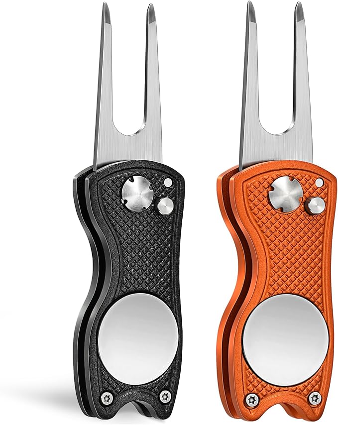 Mile High Life Golf Divot Repair Tool, All Metal Foldable Divot Tool with Pop-up Button & Magnetic Ball Marker, 2-6 Pack